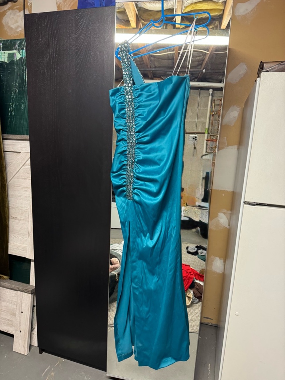 Faviana Teal Satin Evening Dress